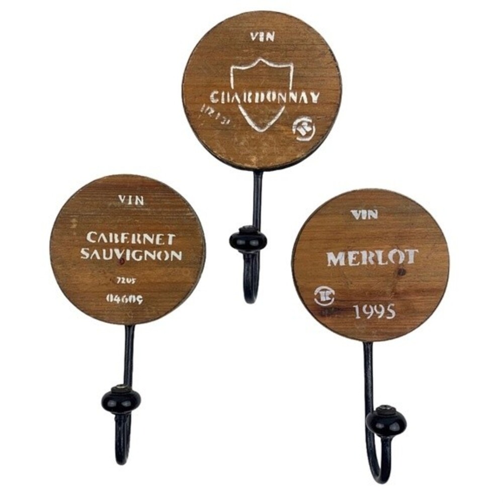 Wine Barrel Themed Wall Hanging Hooks Distressed Vintage Looking Rustic Set of 3